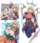  1boy 2girls :d aqua_hair armor bangs black_jacket blonde_hair blue_pantyhose blunt_bangs breastplate breasts capelet chloe_(fire_emblem) cleavage closed_eyes commentary countgalatea dress felix_hugo_fraldarius fire_emblem fire_emblem:_three_houses fire_emblem_engage garreg_mach_monastery_uniform green_dress green_eyes green_hair highres holding holding_sword holding_weapon ingrid_brandl_galatea jacket juliet_sleeves large_breasts long_hair long_sleeves luin_(fire_emblem) multiple_girls open_mouth pantyhose polearm puffy_sleeves shield smile spear sword tears weapon white_capelet 
