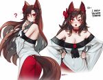  1girl ? animal_ears ass bare_shoulders blush brown_hair choker commentary cowboy_shot ehrrr english_commentary english_text flower hair_between_eyes hand_up hands_on_hips hibiscus high_heels imaizumi_kagerou long_hair long_skirt long_sleeves looking_at_viewer multiple_views nose_blush off-shoulder_shirt off_shoulder red_choker red_eyes red_flower red_skirt shirt simple_background skirt standing tail touhou unfinished very_long_hair white_background white_shirt wolf_ears wolf_tail 