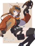  1girl aciddrop_(arknights) ahoge arknights belt black_gloves black_shirt black_shorts black_thighhighs blue_eyes brown_hair brown_jacket crossbow eyewear_on_head gloves highres jacket minowa_sukyaru shirt shorts skateboard sunglasses thigh_pouch thighhighs 