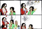  1boy 1girl black_hair blue_eyes boa_hancock breasts cleavage large_breasts long_hair monkey_d_luffy one_piece smile 
