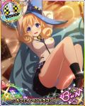  1girl bishop_(chess) blonde_hair blue_eyes blue_hat blush book breasts cape card_(medium) character_name chess_piece embarrassed hat high_school_dxd high_school_dxd_born high_school_dxd_hero le_fay_pendragon long_hair looking_at_viewer medium_breasts official_art open_mouth panties pantyshot skirt socks solo trading_card underwear white_panties witch_hat 