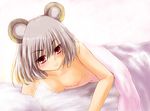  animal_ears bad_id bad_pixiv_id bed breasts grey_hair looking_at_viewer mouse_ears naked_sheet nazrin red_eyes small_breasts smile solo soratsuki_kakeru touhou 
