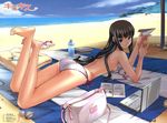  absurdres ass bag barefoot beach bikini black_eyes black_hair book bottle breasts cloud computer day feet futami_eriko highres itosugi_masahiro kimi_kiss laptop legs long_hair looking_back lying ocean on_stomach outdoors paper_airplane side-tie_bikini sideboob sky small_breasts smile solo swimsuit topless towel water 