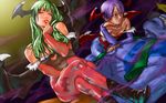  2girls animal_print bat_print bat_wings crossed_legs demon_girl elbow_gloves gloves green_hair head_wings lilith_aensland long_hair morrigan_aensland multiple_girls pantyhose print_legwear purple_hair red_eyes short_hair sitting succubus take_(draghignazzo) vampire_(game) victor_von_gerdenheim wallpaper wings 