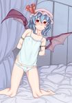  bat_wings bdsm bed blue_hair blush bondage bound bow bow_panties camisole flat_chest harmaline hat highres kneeling lace lace-trimmed_panties lingerie panties red_eyes remilia_scarlet short_hair solo touhou underwear white_panties wings 