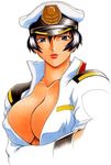  black_hair blue_eyes bob_cut breasts cleavage gundam gundam_seed hat large_breasts lipstick makeup military military_uniform minyanyako natarle_badgiruel short_hair solo uniform 