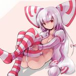  adapted_costume ass bad_id bad_pixiv_id bangs blush bow breasts cleavage collarbone dutch_angle expressionless fujiwara_no_mokou hair_bow large_bow leg_hug legs legs_up long_hair looking_at_viewer lying medium_breasts no_bra no_pants on_back open_clothes open_shirt panties pantyshot puffy_sleeves red_eyes shiny shiny_skin shirt silver_hair solo straight_hair striped striped_legwear thighhighs tone_g touhou underwear very_long_hair white_hair white_panties 
