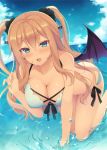  1girl :d all_fours animal aotsu_karin aqua_eyes bat_wings bikini bird blonde_hair blue_sky blush breasts cleavage cloud collarbone commentary_request day fangs front-tie_bikini front-tie_top glint hair_between_eyes hair_ornament hair_scrunchie hand_up large_breasts long_hair looking_at_viewer open_mouth original outdoors scrunchie side-tie_bikini sky smile solo splashing swimsuit two_side_up water_drop wet white_bikini wings 