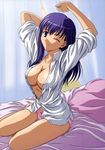  absurdres bed bow bow_panties breasts cleavage dress_shirt fate/stay_night fate_(series) highres ishihara_megumi large_breasts matou_sakura no_bra no_pants on_bed one_eye_closed open_clothes open_shirt panties pillow pink_bow pink_panties purple_eyes purple_hair shirt sitting sleeves_rolled_up solo stretch unbuttoned underwear white_shirt yokozuwari 