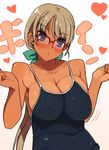  bad_id bad_pixiv_id blue_eyes breasts cleavage dark_skin glasses grey_hair large_breasts one-piece_swimsuit original rkrk solo swimsuit 