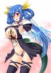  asymmetrical_wings blue_hair blush breast_squeeze breasts chocolate dizzy guilty_gear highres kawase_seiki large_breasts long_hair navel red_eyes solo tail thighhighs twintails underboob wings 