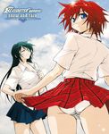  ass black_hair blassreiter blue_eyes breasts cleavage cloud day green_eyes hand_on_hip highres hirose_shuu large_breasts long_hair looking_back multiple_girls non-web_source one_eye_closed outdoors panties plaid rain_(blassreiter) red_hair school_uniform short_hair skirt sky smile snow_(blassreiter) sparkle underwear white_panties wind wind_lift 