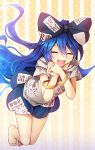  1girl :d barefoot blue_bow blue_hair blue_skirt bow bracelet chima_q commentary_request eyebrows_visible_through_hair eyes_closed full_body grey_hoodie hair_between_eyes hair_bow hands_clasped happy highres jewelry long_hair open_mouth own_hands_together skirt smile solo touhou very_long_hair yorigami_shion 