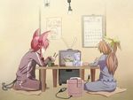  alternate_costume animal_ears bad_id bad_pixiv_id bow brown_hair calendar_(object) cat_ears cat_tail chopsticks contemporary extra_ears from_behind hair_bow hair_ribbon kaenbyou_rin kazami_yuuka lamp long_hair milk multiple_girls multiple_tails red_hair reiuji_utsuho ribbon rice_cooker sakurai_energy sitting sumo table tail television touhou track_suit 