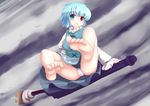  barefoot blue_eyes blue_hair feet heterochromia panties pov_feet red_eyes short_hair solo tatara_kogasa touhou tsubasa_(abchipika) umbrella umbrella_riding underwear 