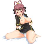  barefoot blush breasts brown_eyes brown_hair feet female full_body gensou_suikoden gensou_suikoden_v large_breasts miakis nipples panties solo suikoden suikoden_v underwear white_background 