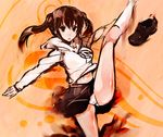  aco_(koaya_ako) brown_eyes brown_hair fighting_stance kneehighs leg_lift loafers long_hair minami-ke minami_kana panties pantyshot school_uniform shoes socks solo twintails underwear 