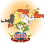  1girl :3 animal_ear_fluff animal_ears arm_support arms_up artist_name braixen character_name claws clenched_teeth closed_mouth creatures_(company) female fox_ears fox_tail full_body furry game_freak gen_5_pokemon gen_6_pokemon hand_on_hip happy held_up jpeg_artifacts knee_up looking_at_viewer lying mezmaroon nintendo no_humans on_side orange_background paws pokemon pokemon_(creature) pokken_tournament red_eyes signature simple_background smile snivy sweat tail teeth wavy_mouth 