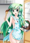  apron breasts chocolate chocolate_making cooking frog green_eyes green_hair hair_ornament kochiya_sanae koharuu long_hair medium_breasts messy naked_apron sideboob snake solo touhou 