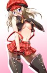  alisa_ilinichina_amiella blonde_hair blue_eyes boots breasts cabbie_hat elbow_gloves fingerless_gloves gloves god_eater god_eater_burst hat large_breasts long_hair matatabi_(2ccp) midriff navel pantyhose plaid plaid_hat plaid_skirt skirt solo suspender_skirt suspenders thigh_boots thighhighs underboob 