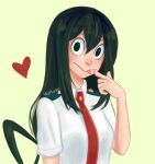  1girl artist_name asui_tsuyu bangs blush boku_no_hero_academia breasts closed_mouth female green_eyes green_hair hair_between_eyes hand_to_own_face hand_up heart jpeg_artifacts long_hair looking_at_viewer matching_hair/eyes mezmaroon necktie red_neckwear shiny shiny_hair shirt short_sleeves signature simple_background small_breasts smile solo tongue tongue_out upper_body white_shirt yellow_background 