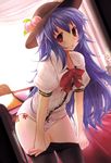  blue_hair bow bow_panties dress_shirt food fruit hat hinanawi_tenshi lingerie long_hair panties pantyhose pantyhose_pull peach pink_panties red_eyes scarlet_(studioscr) shirt side-tie_panties solo thighs touhou underwear undressing 