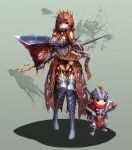  1girl armor axe breasts felyne highres hood large_breasts monster_hunter monster_hunter:_world notte purple_hair red_eyes short_hair smile thighhighs torn_clothes torn_legwear vaal_hazak_(armor) 