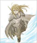 blonde_hair breastplate claymore claymore_(sword) dietrich floating_hair gauntlets gyu_tan_(artist) long_hair simple_background solo sword sword_behind_back weapon white_background 