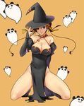  alternate_costume bare_shoulders breasts brown_hair chun-li cleavage collar detached_sleeves dress earrings ffc green_eyes hair_bun hair_ornament hair_over_one_eye hair_ribbon halloween hat jack-o'-lantern jewelry kneeling large_breasts no_panties panda pelvic_curtain pumpkin ribbon smile solo spiked_collar spikes street_fighter thighs witch witch_hat 
