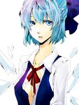  apt bad_id bad_pixiv_id blue_eyes blue_hair bow cirno hair_bow lowres older open_clothes open_shirt shirt short_hair simple_background solo touhou wings 