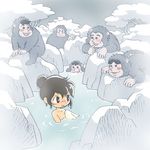  bare_shoulders bathing blush brown_eyes brown_hair disguise kabiinyo_(kab) monkey onsen original peeping zipper 