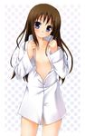  blue_eyes blush bottomless brown_hair dress_shirt flat_chest hanamaru_youchien long_hair odayan open_clothes open_shirt shirt solo tsuchida_satsuki 