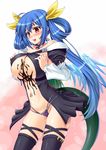  asymmetrical_wings blue_hair blush breast_squeeze breasts chocolate dizzy guilty_gear kawase_seiki large_breasts long_hair navel red_eyes solo tail thighhighs twintails underboob wings 