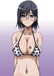  arms_behind_back bikini black_hair blue_eyes blush breasts cleavage glasses hirokawa_kouichirou konori_mii large_breasts navel polka_dot polka_dot_bikini polka_dot_swimsuit short_hair sideboob smile solo swimsuit tattoo to_aru_kagaku_no_railgun to_aru_majutsu_no_index 