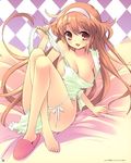  absurdres alice_parade apron barefoot breasts brown_eyes brown_hair cleavage crossed_legs feet hairband happy highres itou_noiji large_breasts long_hair long_legs miori_(alice_parade) naked_apron shoes single_shoe sitting slippers smile solo very_long_hair 