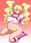  1girl blonde_hair breasts cure_peach fresh_precure! fresh_pretty_cure! hand_prints large_breasts lick licking momozono_love nipples no_panties oekaki pantyless pink_eyes precure pregnant pretty_cure smile solo tenseiani twintails 