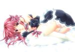  amane_(dream_c_club) bad_id bad_pixiv_id bangs bare_shoulders bow breasts cleavage detached_sleeves dream_c_club dream_c_club_(series) frills long_hair lying maid medium_breasts nipples no_bra open_clothes pink_hair red_eyes ribbon solo thighhighs trimcolor 