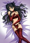  absurdres bare_shoulders bed_sheet black_bow black_hair blush bow bra choker detached_sleeves elbow_gloves fate/stay_night fate_(series) gloves green_eyes hair_bow highres ishihara_megumi legs lingerie long_hair long_legs looking_at_viewer lying navel on_back panties red_bra red_choker red_legwear red_panties scan side-tie_panties smile solo thighhighs toosaka_rin two_side_up underwear underwear_only 