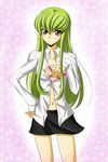  bad_id bad_pixiv_id box c.c. ccllsaikou code_geass green_hair heart-shaped_box highres long_hair miniskirt navel open_clothes open_shirt shirt skirt solo valentine yellow_eyes 