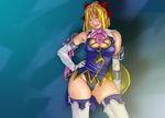  armor blonde_hair blue_eyes bow breasts cassandra_alexandra cleavage elbow_gloves gloves large_breasts necktie pink_neckwear shield short_hair solo soulcalibur take_(draghignazzo) thighhighs 