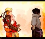  2boys black_hair blonde_hair blue_eyes gloves grip haruno_sakura headband hug letterboxed multiple_boys musesilver naruto naruto_(series) pink_hair sweatdrop uchiha_sasuke uzumaki_naruto 