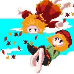  2girls aki_minoriko aki_shizuha autumn_leaves barefoot blush_stickers dress full_body james_at_pi_(fuwafuwacatgirl) long_sleeves looking_at_another medium_hair multiple_girls orange_hair pixel_art red_dress red_eyes red_headwear touhou yellow_eyes 