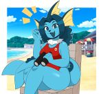  2023 absurd_res accessory anthro beach big_breasts binoculars blue_body blue_eyes blue_hair blush breasts butt clothed clothing digital_media_(artwork) eeveelution female fingers generation_1_pokemon hair hi_res kabula_(artist) long_hair looking_at_viewer mammal nintendo one-piece_swimsuit open_mouth outside paws pokemon pokemon_(species) red_clothing red_swimwear sand seaside sky smile solo swimwear thick_thighs topwear vaporeon water 