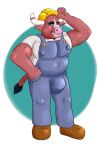  anthro armor big_muscles bovid bovine bulge cattle clothing construction_worker hard_hat headgear helmet hi_res huge_pecs male mammal musclegut muscular nipple_outline olibur overalls pecs solo 