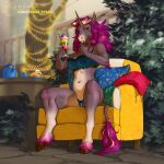  anthro blonde_hair blue_bra blue_clothing blue_panties blue_pillow blue_underwear bra chair christmas christmas_tree clothing dessert detailed_background equid equine female food fur furniture green_pillow grey_body gronnulv hair holidays hooves horn horse mammal multicolored_hair navel on_chair orange_eyes panties pillow plant purple_body purple_fur purple_hair sitting sitting_on_chair solo teapot tree underwear unicorn unicorn_horn white_body yellow_chair 