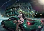  1girl absurdres alternate_costume azur_lane boots breasts car character_name colosseum copyright_name ferrari ferrari_488 gloves green_hair ground_vehicle headset highres italy jacket kcar66t lamppost large_breasts license_plate littorio_(azur_lane) long_hair looking_at_viewer miniskirt motor_vehicle night partially_fingerless_gloves product_placement race_queen real_world_location rome skirt sports_car thighhighs underboob 
