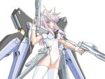  1girl :o bangs beam_rifle blue_eyes breasts covered_navel covered_nipples cowboy_shot dual_wielding energy_gun gun gundam gundam_seed gundam_seed_destiny hair_between_eyes hand_up highleg highleg_leotard hip_bones holding holding_gun holding_weapon legs_apart leotard long_hair mecha_musume medium_breasts open_mouth personification pink_hair shinjou_satomi simple_background solo standing strike_freedom_gundam thighhighs trigger_discipline weapon white_background white_leotard white_thighhighs 