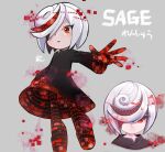  1girl :o black_dress character_name closed_mouth dress floating hair_over_one_eye misuta710 multicolored_hair multiple_views red_eyes sage_(sonic) short_hair sonic_(series) sonic_frontiers streaked_hair white_hair wide_sleeves 