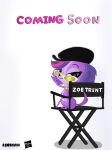  2017 absurd_res canid canine canis clothing collar director&#039;s_chair domestic_dog eyewear female feral fur hair half-closed_eyes hasbro hat headgear headwear hi_res holding_eyewear holding_object holding_sunglasses justsomepainter11 littlest_pet_shop looking_at_viewer looking_back looking_back_at_viewer mammal mouth_closed movie_poster narrowed_eyes purple_body purple_fur raised_tail simple_background sitting smile smiling_at_viewer solo sunglasses tail text white_background zoe_trent 