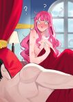  !? ? ?? back bangs bare_shoulders bed blanket blush breasts collarbone confused covering covering_breasts covering_with_blanket dracule_mihawk embarrassed flustered hickey holding holding_blanket implied_after_sex joman lamp large_breasts long_hair messy one_piece perona pink_hair scratches shared_blanket sideboob very_long_hair 